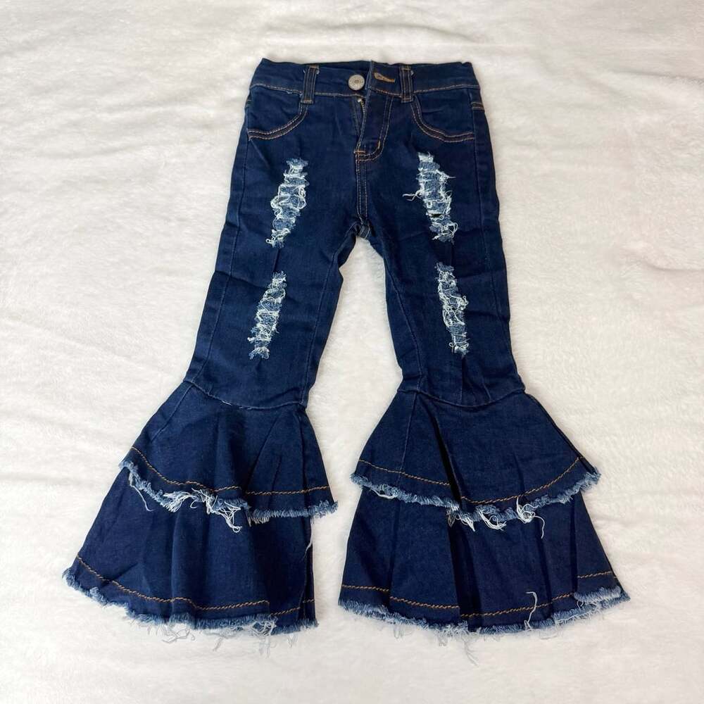 Unbranded Distressed Double Ruffle Bell Bottom Jeans Size 2T Dark Blue
